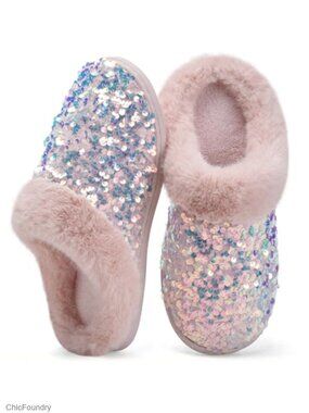 Womens Memory Foam Slippers Plush Lined Sequin House Shoes Indoor Outdoor